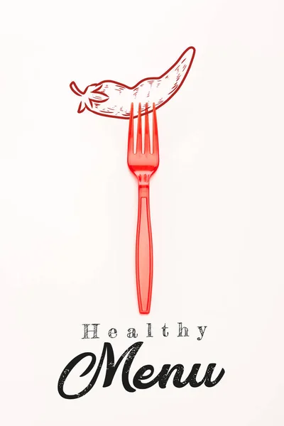 Red plastic bright fork with chili pepper illustration and healthy menu lettering isolated on white — Stock Photo