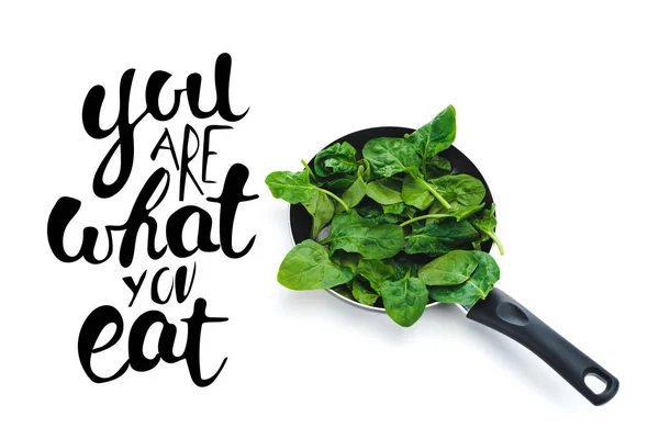 Green fresh spinach leaves in frying pan on white background near you are what you eat black lettering — Stock Photo