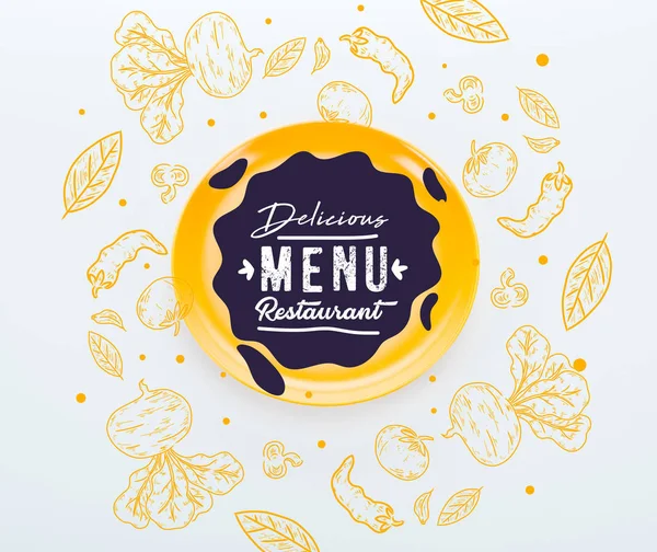 Верхний вид блестящей желтой тарелки с вкусным меню ресторана буквы с овощами иллюстрации вокруг на белом фоне — стоковое фото