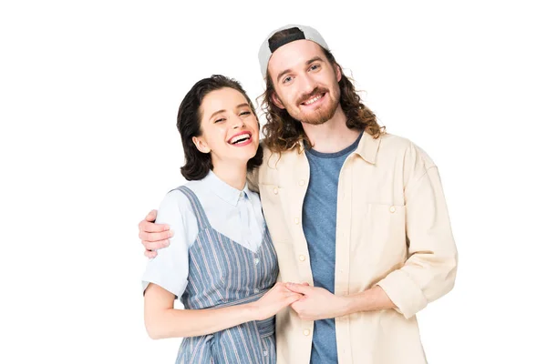 Joven hombre y chica abrazo aislado en blanco - foto de stock