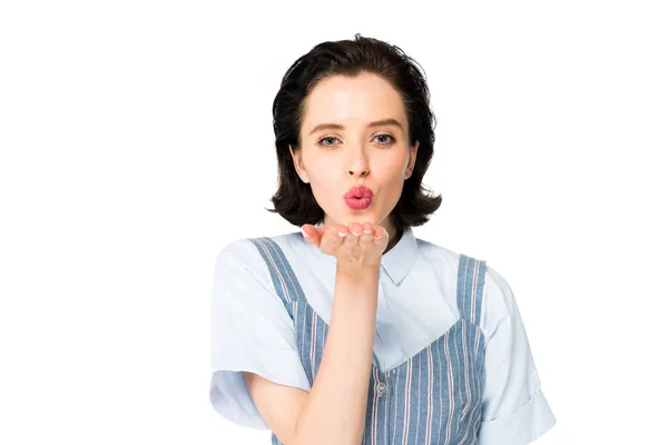 Beautiful girl blowing kiss to camera isolated on white — Stock Photo