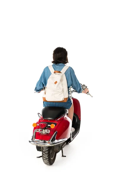 Vue arrière de la fille sur scooter rouge isolé sur blanc — Photo de stock