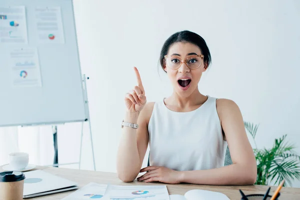 Excited latin businesswoman showing idea gesture while looking at camera — Stock Photo
