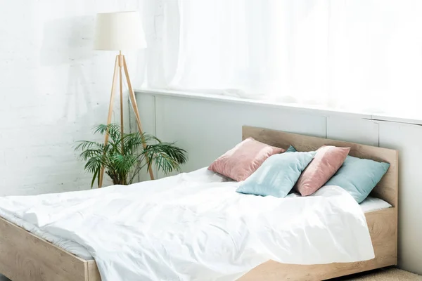 Cama con ropa de cama blanca, almohadas azules y rosas cerca de la lámpara de pie y la planta - foto de stock