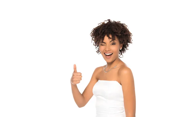 Happy african american bride showing thumb up isolated on white — Stock Photo