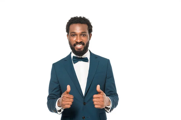 Handsome african american bridegroom showing thumbs up isolated on white — Stock Photo
