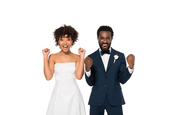 Excited african american bridegroom and bride gesturing isolated on white — Stock Photo