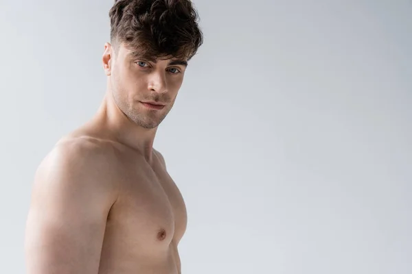 Homme musclé sexy torse nu regardant la caméra isolée sur gris — Photo de stock