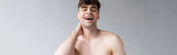 Панорамный снимок смеющегося мужчины без рубашки, смотрящего на камеру, изолированную на сером — стоковое фото