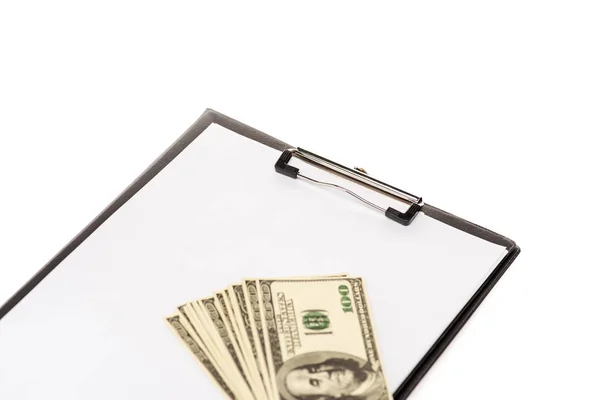 Dollar banknotes and empty clipboard isolated on white — Stock Photo