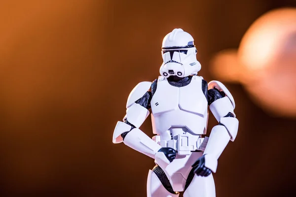 White toy imperial stormtrooper on blurred background — стокове фото