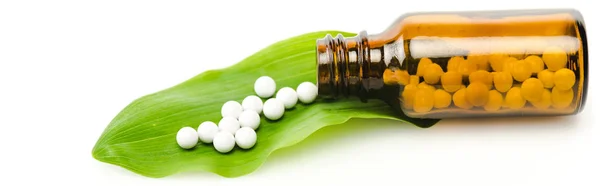 Panoramic shot of small bottle with pills on green leaf isolated on white — Stock Photo