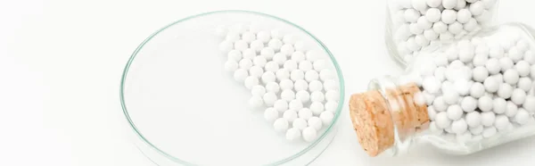 Tiro panorâmico de garrafas com pílulas perto de placa de petri de vidro isolado em branco — Fotografia de Stock