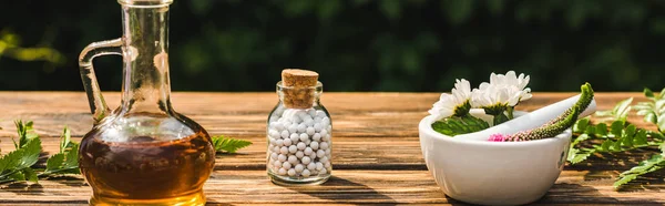 Tiro panorâmico de garrafa com pílulas perto de plantas na mesa de madeira — Fotografia de Stock