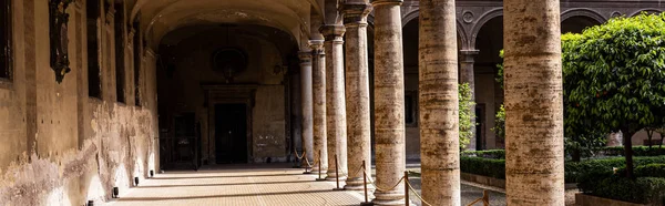 Рим, Італія-28 червня 2019: панорамний постріл старовинної будівлі з колонами і зеленими деревами — стокове фото