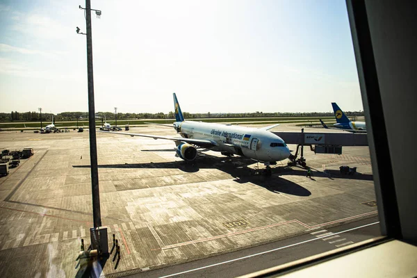 ROMA, ITALIA - 28 DE JUNIO DE 2019: aviones en aeródromo bajo el cielo en un día soleado detrás de una ventana - foto de stock