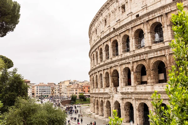 ROME, ITALY - JUNE 28, 2019: people walking near ruins of colosseum and green trees under grey sky — Stock Photo