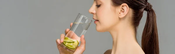 Plano panorámico de una joven mirando un vaso de agua con cal cortada en rodajas aislada en gris - foto de stock