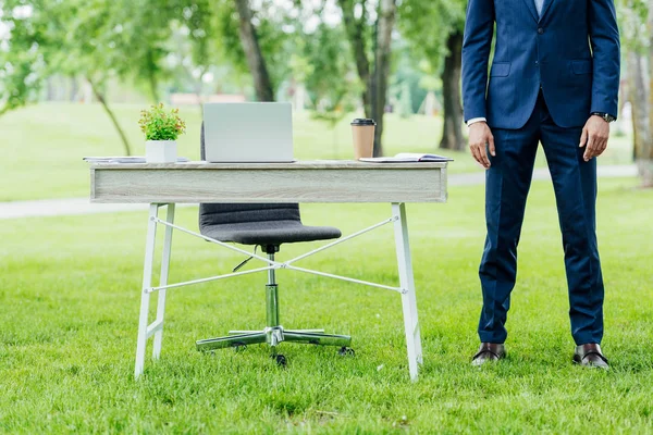 Ausgeschnittene Ansicht eines jungen Geschäftsmannes in formeller Kleidung, der in der Nähe eines Tisches im Park steht — Stockfoto