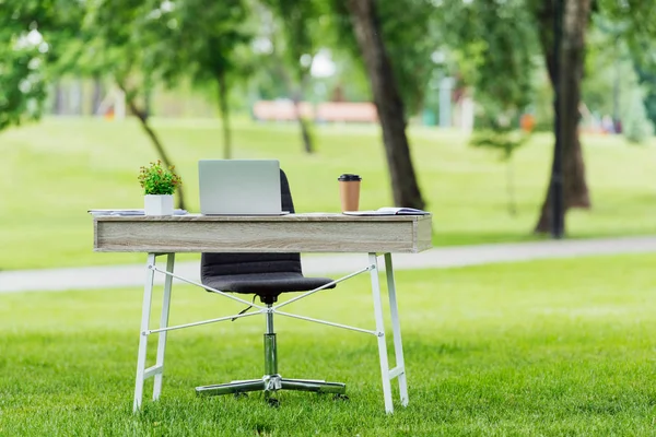 Selektiver Fokus des Bürotisches mit verschiedenen Büromaterialien in der Nähe des Bürostuhls im Park — Stockfoto