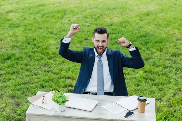 Возбужденный молодой бизнесмен с поднятыми руками сидит за столом в парке — стоковое фото