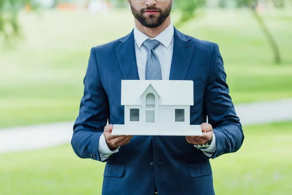 Обрезанный вид на молодого бизнесмена, держащего макет белого дома, стоя в парке — стоковое фото