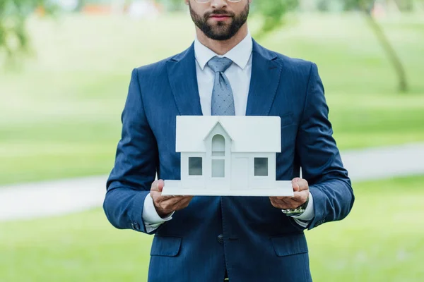 Vista ritagliata di giovane uomo d'affari in possesso di layout della casa bianca mentre in piedi nel parco — Foto stock