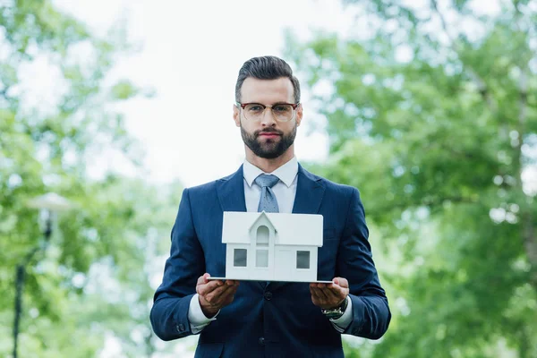 Joven empresario sosteniendo el diseño de la casa blanca y mirando a la cámara mientras está de pie en el parque - foto de stock