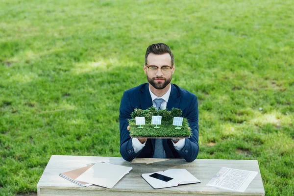 Uomo d'affari in possesso di layout con batterie solari sul tavolo con notebook e smartphone mentre seduto in sedia ufficio nel parco — Foto stock