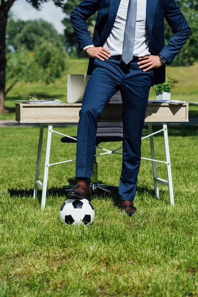 Vista ritagliata di uomo d'affari in piedi con gamba sul pallone da calcio vicino al tavolo nel parco con le mani sui fianchi — Foto stock