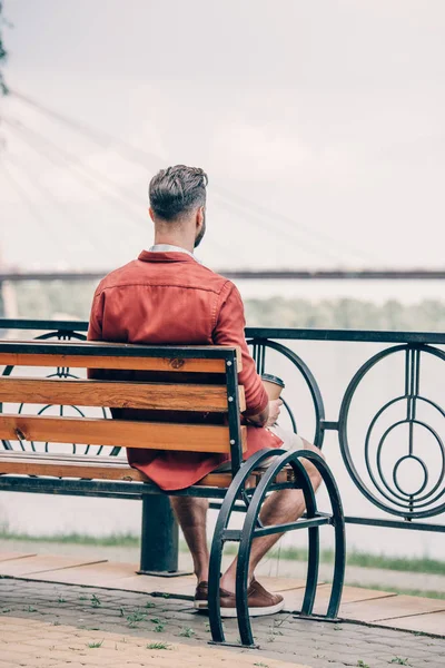 Vista trasera del hombre en camisa roja sentado en el banco y mirando hacia otro lado - foto de stock