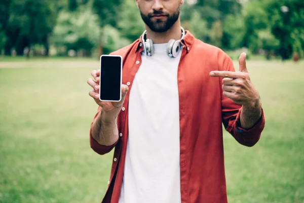 Cropped view of man holding and showing at smartphone while standing in park — Stock Photo