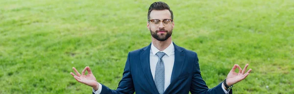 Panoramic shot of young man meditating while standing in park — Stock Photo