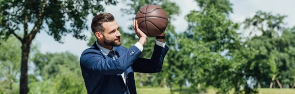 Plano panorámico del hombre de negocios sosteniendo baloncesto y mirando hacia otro lado mientras está de pie en el parque - foto de stock