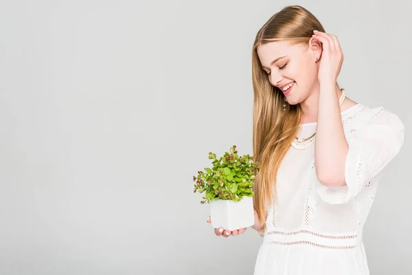 Щаслива дівчина тримає вазони з рослиною ізольовані на сірому — стокове фото