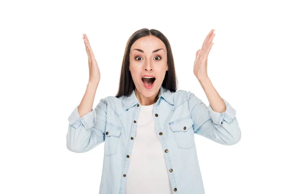 Excited brunette woman gesturing isolated on white — Stock Photo