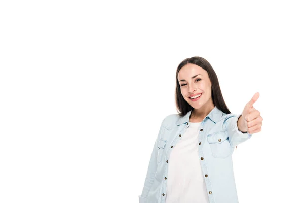 Щаслива брюнетка жінка показує великий палець вгору ізольовано на білому — стокове фото
