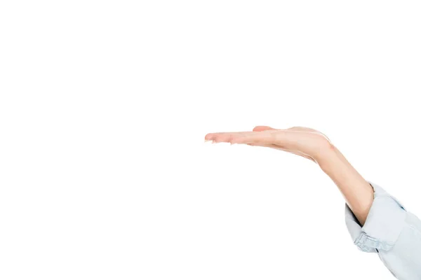 Vista recortada de la mujer señalando con la mano aislada en blanco - foto de stock