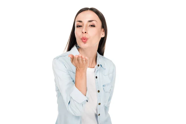 Attractive young woman blowing kiss isolated on white — Stock Photo