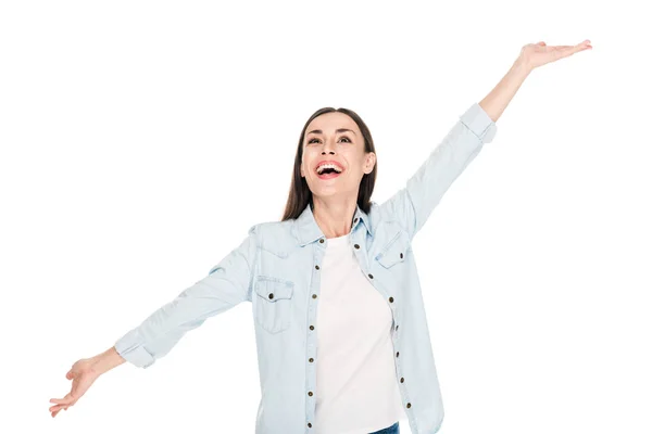 Happy woman with hands in air isolated on white — Stock Photo