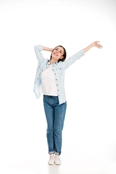 Vue pleine longueur de femme heureuse avec les mains dans l'air isolé sur blanc — Photo de stock