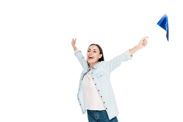 Excited girl in denim jacket holding flag of Europe isolated on white — Stock Photo