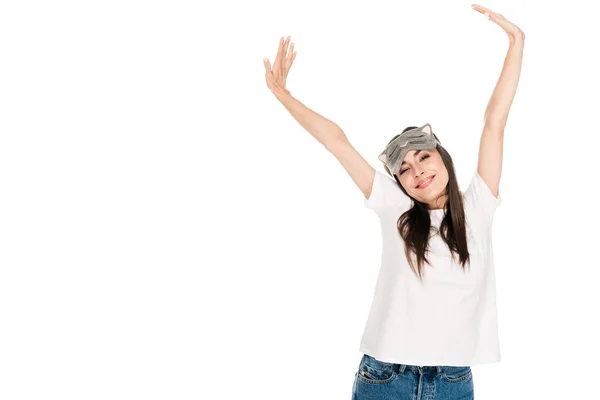 Smiling brunette young woman in cat sleeping eye mask stretching herself isolated on white — Stock Photo