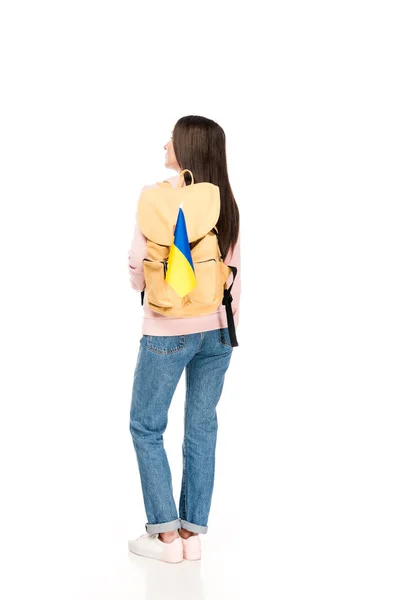 Back view of student with backpack and Ukrainian flag isolated on white — Stock Photo