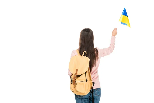 Visão traseira do estudante com mochila segurando bandeira ucraniana isolada no branco — Fotografia de Stock