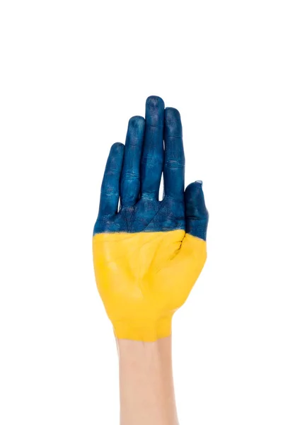 Cropped view of hand with painted Ukrainian flag isolated on white — Stock Photo
