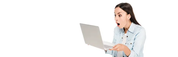 Shocked girl in denim jacket using laptop isolated on white, panoramic shot — Stock Photo