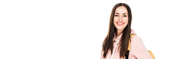 Sorrindo menina morena com mochila isolada em branco, tiro panorâmico — Fotografia de Stock