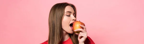 Панорамний знімок молодої жінки, що їсть яблуко із закритими очима ізольовано на рожевому — стокове фото