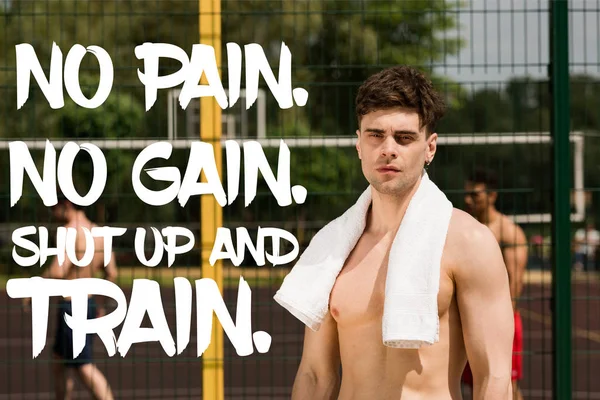 No pain, no gain, shut up and train lettering on photo of tired shirtless sportsman with white towel looking at camera — Stock Photo